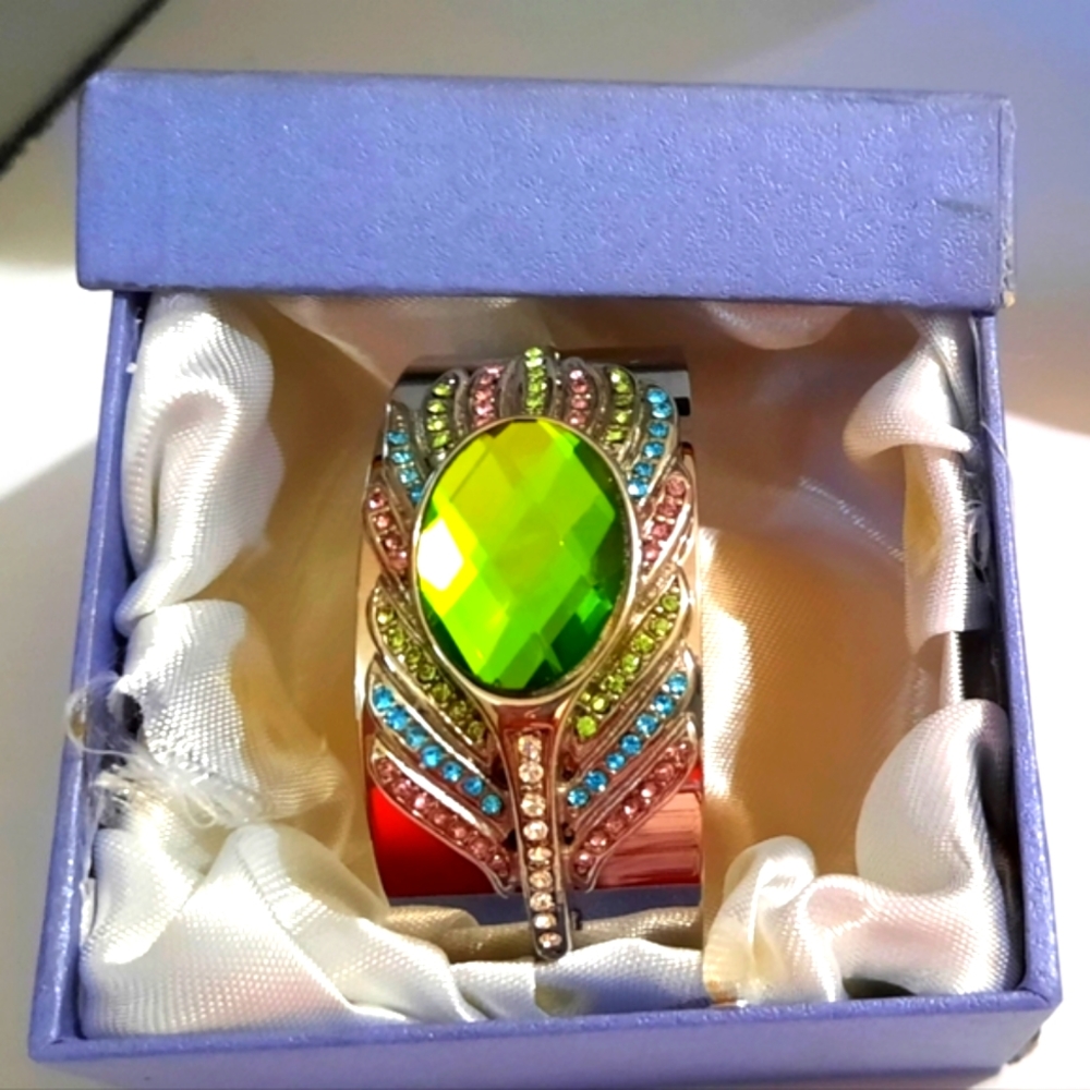 Multi Color Peacock Feather Design Cuff Bracelet